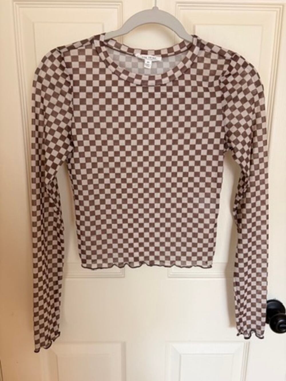 12th Tribe Brown Checkered Mesh Long Sleeve Top M